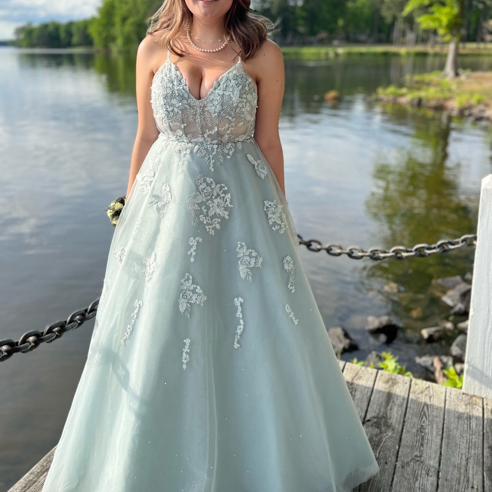 Andrea and Leo size 10 STYLE A0892 Sage. Beautiful floral embroidery with tulle